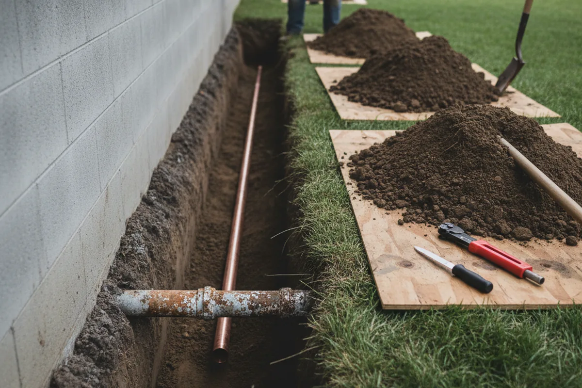 Excavated water line trench during Water Softener Installation in Melrose